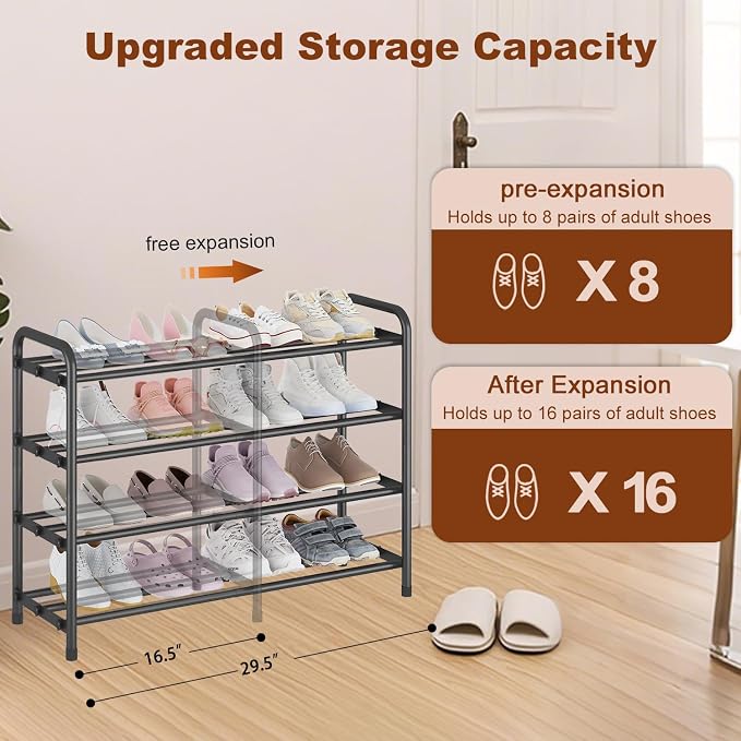 KANAV 4-Tier Expandable Shoe Rack – Adjustable Shoe Organizer & Shoe Storage for Closet, Entryway, and Front Door – Space-Saving Shoe Shelf and Rack Organizer for Home - Black - Image 4