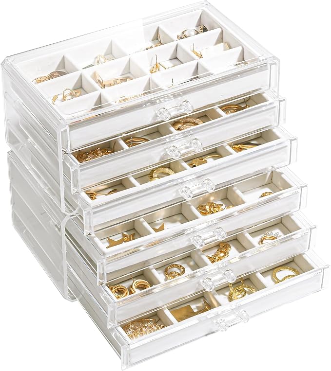 Lolalet Earring Holder Organizer Box Jewelry Storage with 6 Drawers, Clear Acrylic Stackable Earring Case with Adjustable Velvet Trays for Women on Dresser Vanity -Warmwhite, 6 Layers by Lolalet