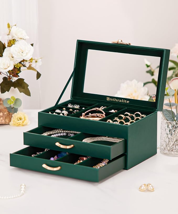 Enthralite Jewelry Box with 2 Drawers: Display Organizer for Earrings Necklaces - Christmas Gifts for Girls Women (Forest Green) - Image 2