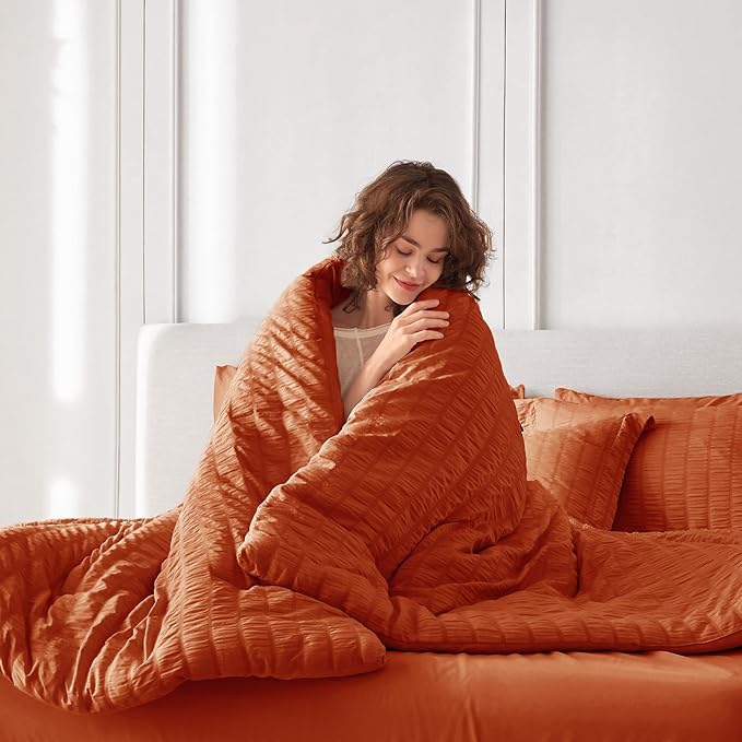 MUXHOMO 7 Pieces Full Comforter Set, Seersucker Bed in a Bag Full Size, All Season Luxury Bedding Set with Comforter, Flat Sheet, Fitted Sheet, Pillowcases & Shams, Burnt Orange