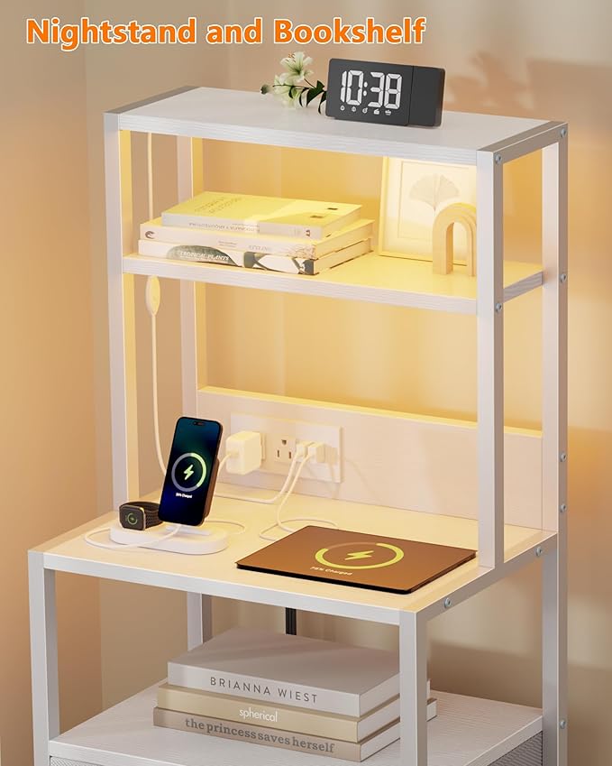Furnulem Night Stand, Tall White Nightstand with 4-Tier Shelves, 2 PU Fabric Drawers and Light Tube, Bed Side Tables with Charging Station, Bedside Table for Bedroom