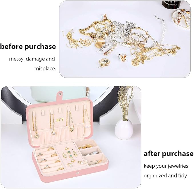 KCY Travel Jewelry Organizer Box for Women Girls, Small Travel Jewelry Case, PU Leather Portable Jewellery Storage Boxes Display Holder for Ring Earrings Necklace Bracelet Bangle, Gifts, Pink - Image 7