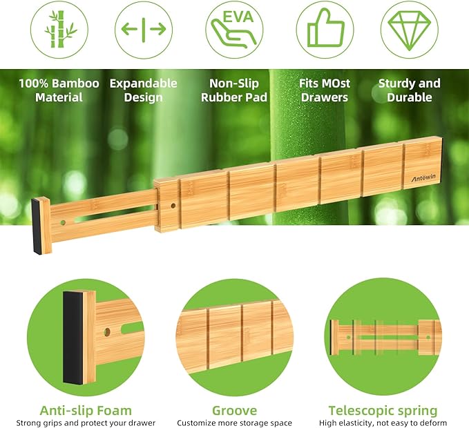 ANTOWIN 4 Pack Expandable Drawer Dividers, 2.2'' High, Extend from 17'' to 22'', Dresser Drawer Organizers, Bamboo Separators for Kitchen, Bedroom, Office, Bathroom, with 12 Pack Divider Inserts - Image 3