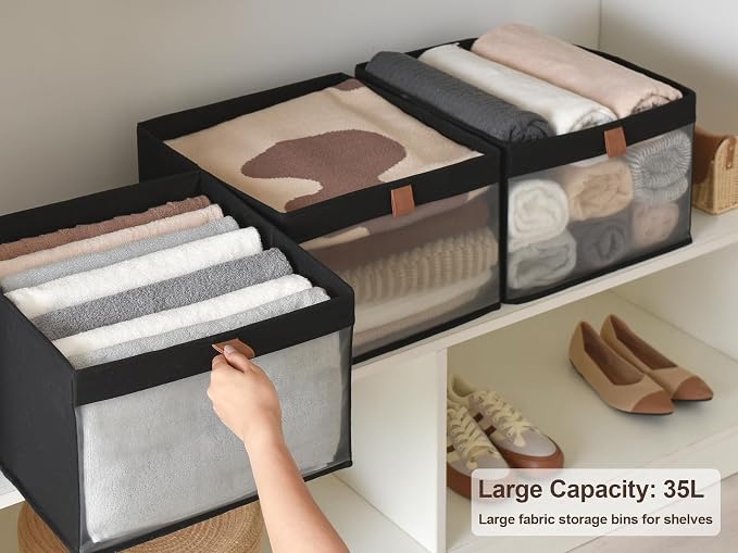 StorageWorks Closet Storage Bins, Extra Large Storage Baskets with Clear Window and Handles, Foldable Fabric Organizer for Clothes, Shelves, Black, 3 Pack - Image 2