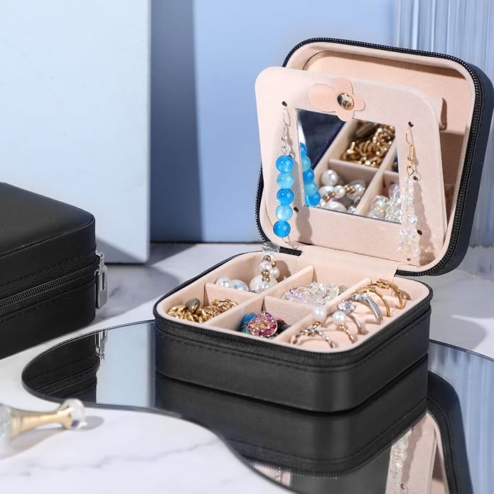 Hillban Bridesmaid Gifts Jewelry Box with Mirror, PU Leather Small Travel Jewelry Case Organizer Storage for Women Girls - Image 3