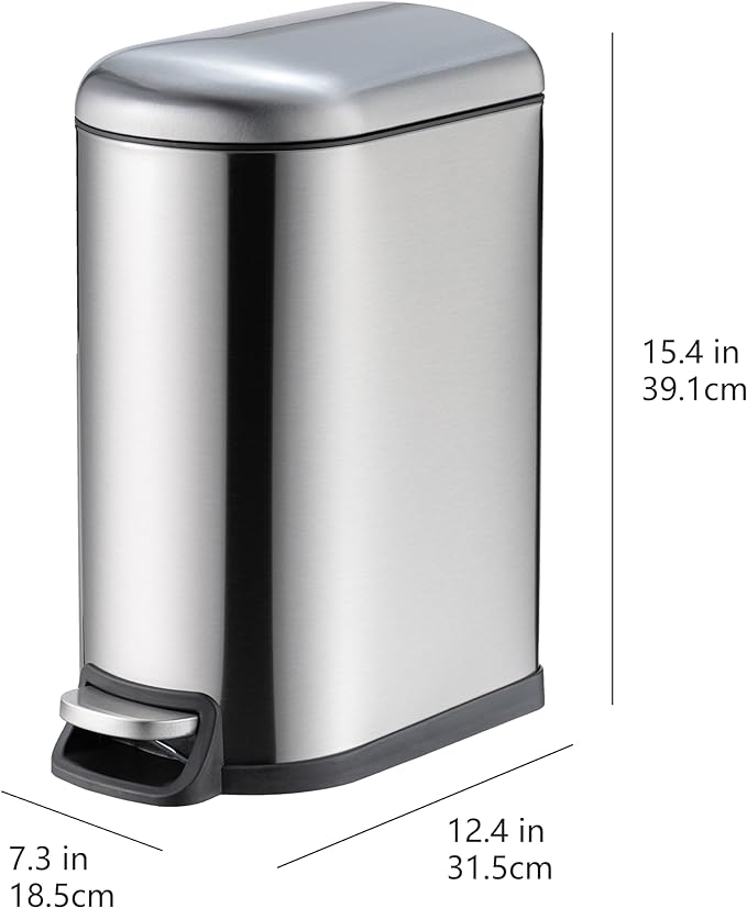 Amazon Basics D-Shaped Small Trash Can with Soft-Close Step Pedal, Removable Inner Bucket, Carrying Handle, Smudge Resistant, 10 l / 2.6 gallon, Silver - Image 4