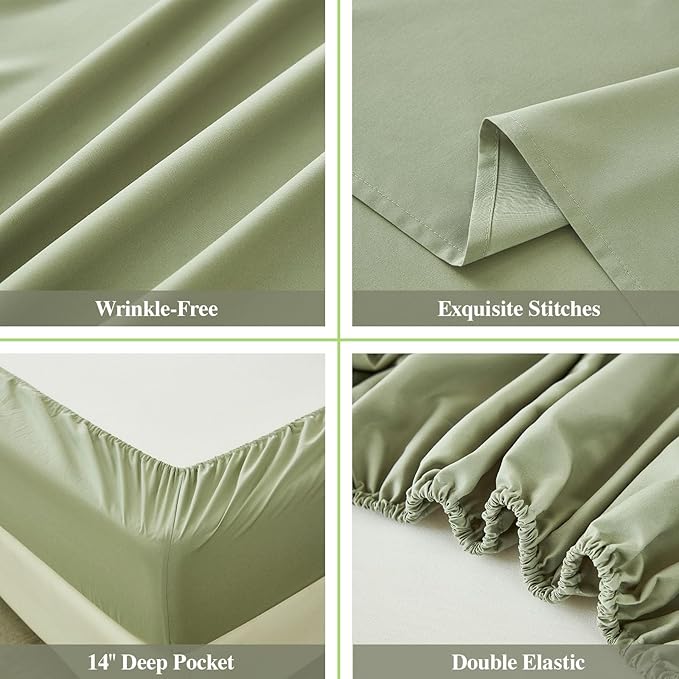 ILAVANDE Sage King Size Sheets Set 6 Piece,Super Soft 1800 Series Microfiber Bed Sheets King Set-Wrinkle & Fade Resistant-14“ Deep Pockets Sheets for King Size Bed(King,Sage Green)