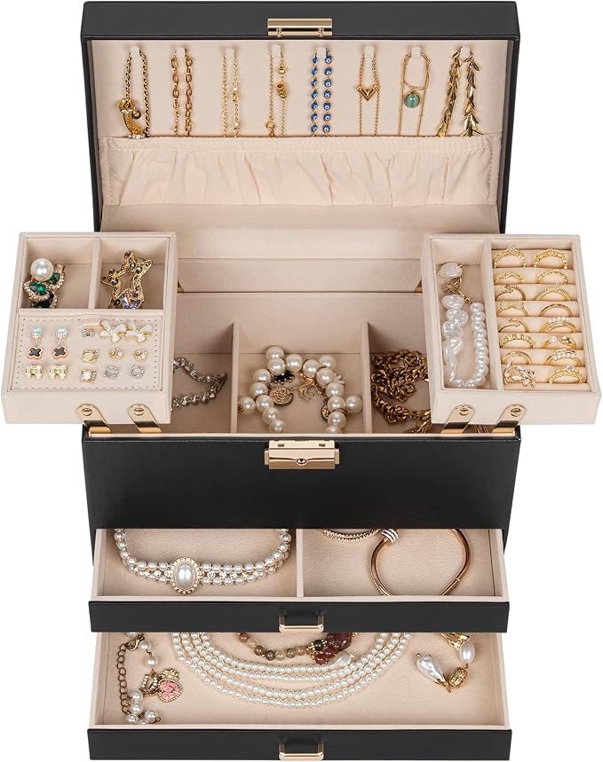 AKOZLIN Travel Jewelry Box Organizer Functional 2-trays Leather Jewelry Storage Case with Lockable Portable 2 Drawers for Women Girls Ring Necklace Earring Bracelet - Image 2