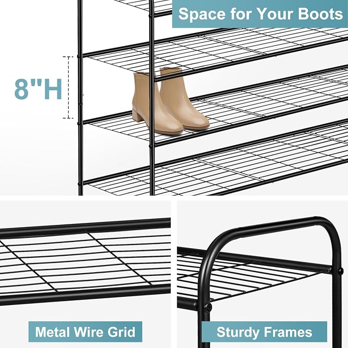 AOODA 4 Tier Long Metal Shoe Rack for Closet Wide Stackable Shoe Storage Organizer for Entryway, Bedroom, Floor, Holds 30 Pairs Men Sneakers Large Boot Shelf with Wire Grid, Black - Image 6