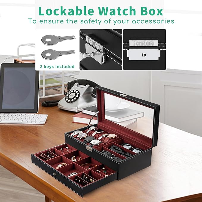 TomCare Watch Box 2-Tier Watch Case Jewelry Organizer Box with Thick Glass Lid Lockable Watch Organizer Jewelry Display Holder Sunglass Rings Necklaces Bracelets Storage Organizer for Men Women - Image 6