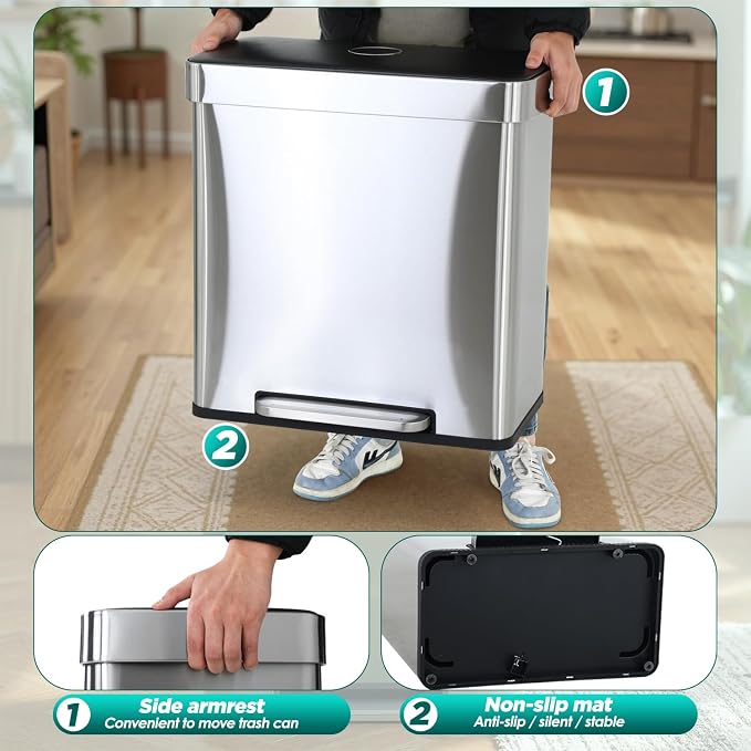 FDW 16 Gallon / 60 L Garbage Can Kitchen Trash Can with Lid for Office Bedroom Bathroom Step Trash Bin Fingerprint-Proof Brushed Stainless Steel 16 Gallon / 60 Liter - Image 5
