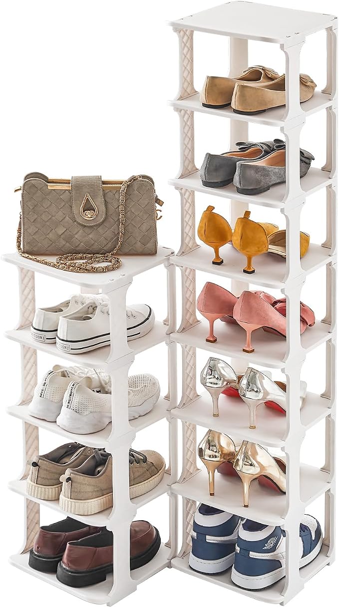 5 Tiers Shoe Rack Organizer for Closet Shoe Holder Storage Narrow Plastic Vertical, Free Standing Shoe Rack Shelf for Entryway Stackable Stability DIY, Beige by HHKHenHaoKan