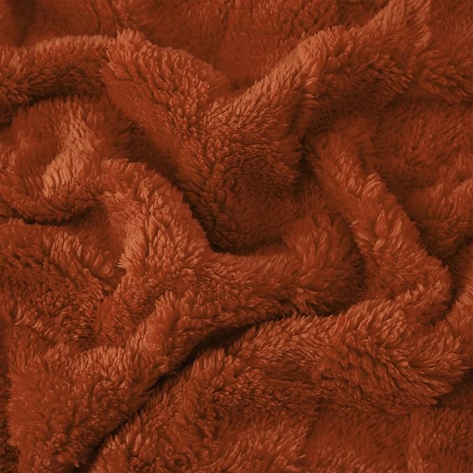 Burnt Orange Fleece Throw Blanket 90”×90” for Couch Sofa Bed,Super Soft Cozy Plush Microfiber Flannel Blanket with 3D Checkered Design Lightweight for Adults,Woman,Girls