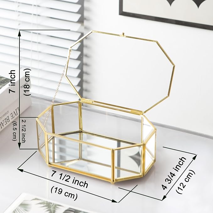 Glass Keepsake Organizer - Vintage Octagon Lidded Gold Home Decor Accent Box for Storage Rings, Bracelets - Image 6