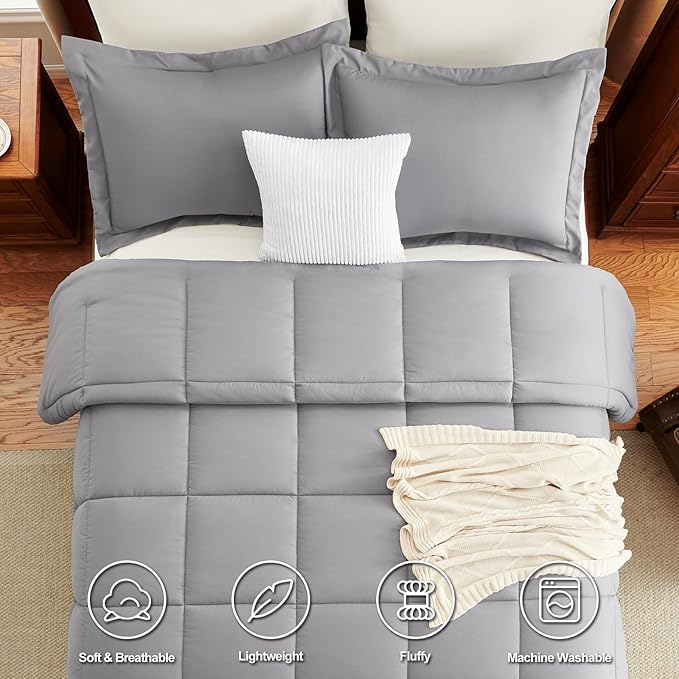 CozyLux King Size Comforter Set - Grey Comforter King Size, 3 Pieces Box Stitched Bed Set for All Seasons, Soft Lightweight Bedding Sets with 1 Down Alternative Comforter and 2 Pillow Shams