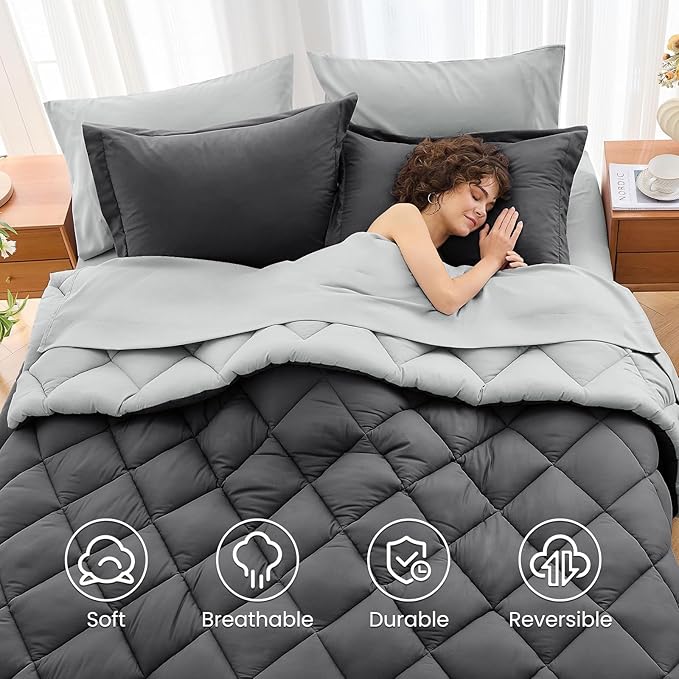 MUXHOMO 5 Pieces Twin Comforter Set, Reversible Bed in a Bag Twin Size, All Season Bedding Set with Comforter, Flat Sheet, Fitted Sheet, Pillowcases & Shams, Dark Grey & Light Grey
