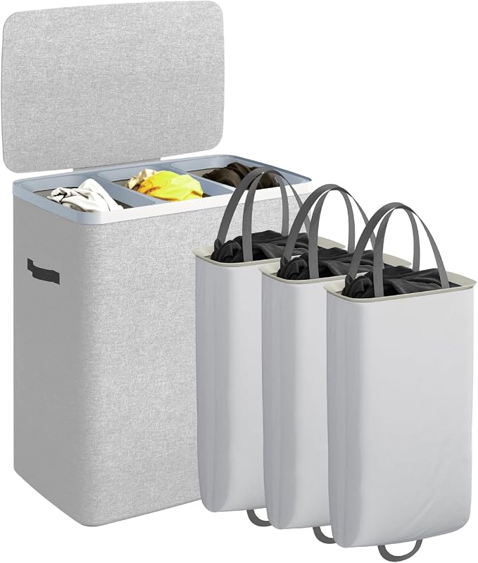 CASAMAYA Laundry Basket with Lid, Laundry Hamper 3 Section, 190L collapsible Laundry Organizer, Easy Assembly, with Handles and Removable Liners, 25.2 x 15.7 x 29.5 Inches, Gray JSP904G by Unknown