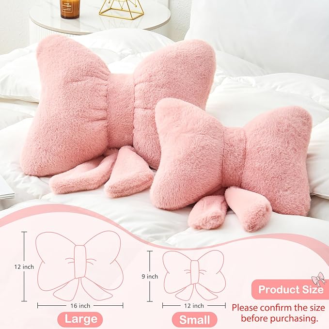 Pink Bow Pillow,12'' Bow Shaped Pillow with Faux Rabbit Fur,Soft Bow Throw Pillows Aesthetic Bow Decorative Pillows for Bed Sofa Couch Home Decor