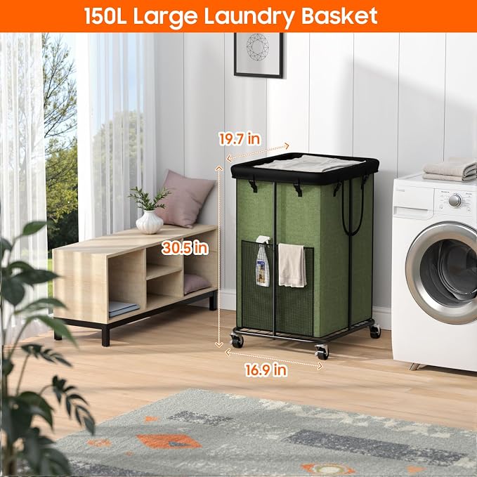 150L Laundry Hamper with Wheels, Rolling Laundry Basket with Metal Frame and Removable Bag, Large & Tall Dirty Clothes Hampers for Bedroom Aesthetic, Laundry Room, Bathroom, Dorm-Green - Image 2