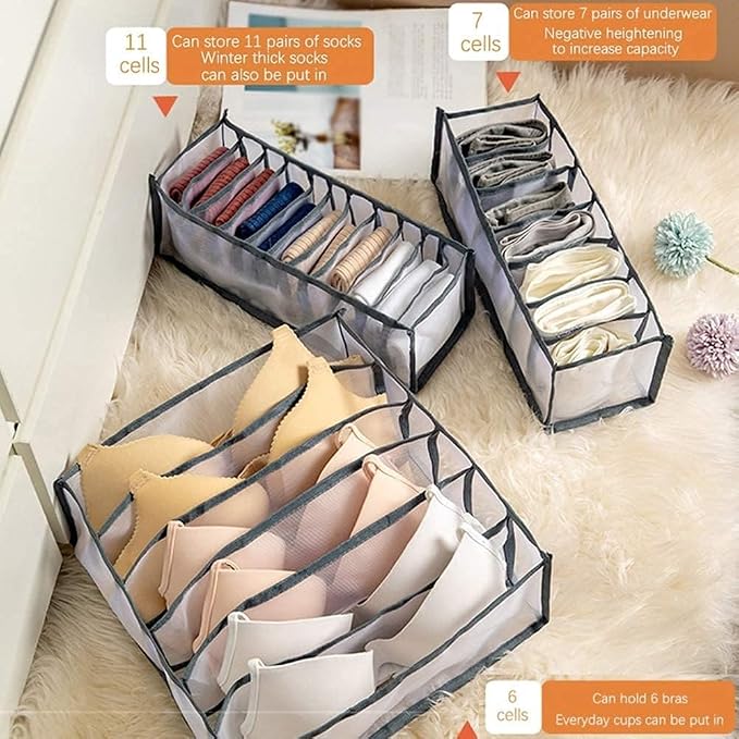 3 Set Underwear Organizer, Foldable Bra Underwear Drawer Organizer Divider Bins for Underwear, Socks, Ties, Bras, Underwear Storage Compartment Box (Gray) - Image 6