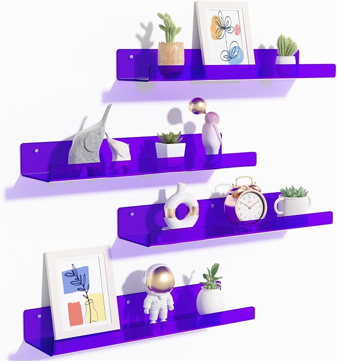 upsimples Acrylic Shelves for Wall Decor, 15" Display Shelf Perfume Organizer for Bathroom, Bedroom, Living Room, Floating Bookshelves for Kids, Clear Purple, 4 Pack by upsimples