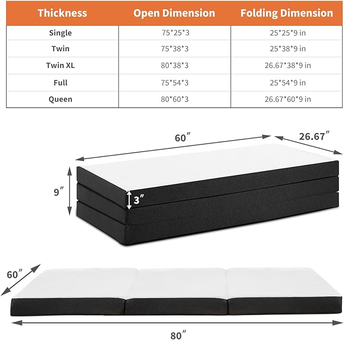 Sweetcrispy Tri-fold Queen Size Mattress - 3 Inch Portable Bed Pad, Foldable Mat, Collapsible and Washable Cover with CertiPUR-US Certified, for Travel & Camping & Yoga, Memory Foam