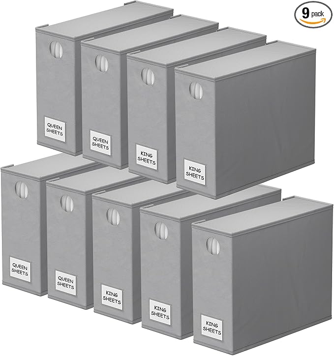 SpaceAid 9 Pack Bed Sheet Organizers and Storage, Foldable Sheet Organizer with Window for Linen Closet, Set Folder Keeper for Queen & King Size Bedding Storage (Gray) by SpaceAid