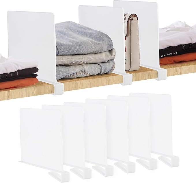 JOY DECOR 6 Pack Acrylic White Shelf Dividers for Closets Organizer and Storage Adjustable Vertical Wood Shelf Closet Separators for Clothes,Book,Bags in Bedroom and Kitchen by JOY+DECOR