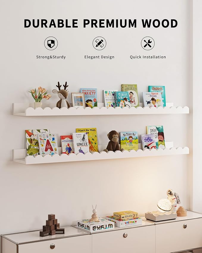 Shario Nursery Book Shelves, 4-Pack White Floating Shelves for Wall Kids, Scalloped Shelves, Wall Book Shelves for Bedroom Kids, Toddler Room, Baby Room, Nursery Decor (White, 36 Inches) - Image 2