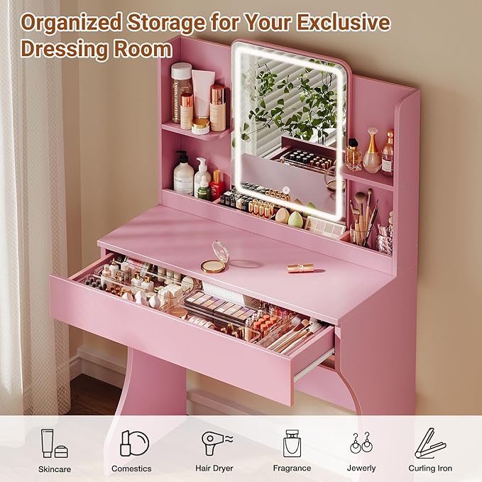 Driftalia Small Vanity Desk with Mirror and Lights, Makeup Vanity with Storage Drawer, 2 Shelves and 3 Compartments - Pink