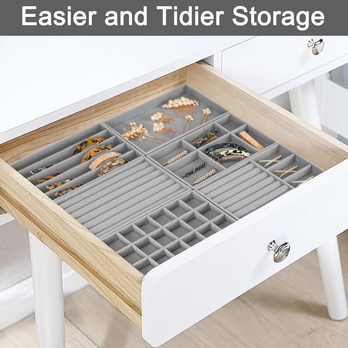 12Pcs Velvet Stackable Jewelry Trays, Jewelry Drawer Organizer, Large Removable Display Jewelry Tray, Necklace Bracelet Storage Box for Earring, Ring, Brooch, Watch (Grey) - Image 6