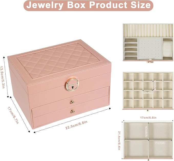 3-Layer Jewelry Box for Women, Jewelry Organizers and Storage with Removable Jewelry Tray, Vintage Quilted Top Lockable Jewelry Holder Gift Idea Pink - Image 2