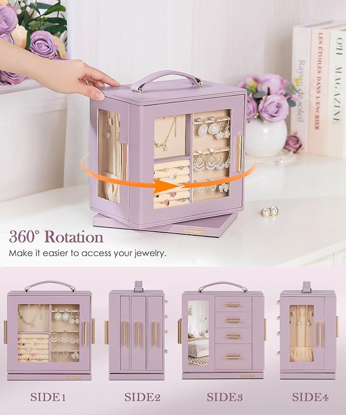 Homde Jewelry Box 360° Rotating, Necklace Earring Organizer with Transparent Window, Mirror, 7 Drawers, Large Ring Display Storage Case for Girls Women (Grey Purple) - Image 3