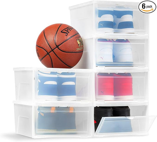 IRIS USA Stackable Shoe Storage Box with Latch Drop Front Door, 6-Pack, for Scarf Game Organizer Container with Ventilation Holes for Closet Under Bed Entryway Storage, Strudy, Wide, Clear by IRISUSA