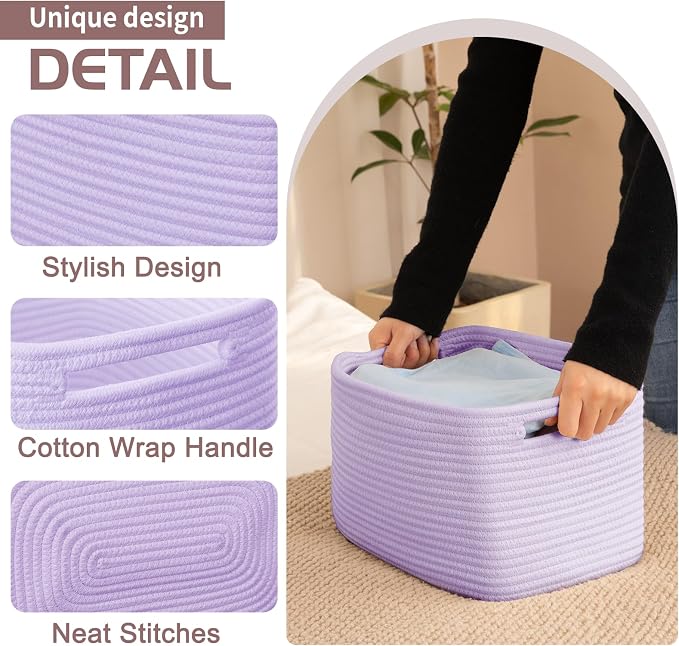 OIAHOMY 4 Pack Storage Baskets for Organizing, Cube Storage Bins for Shelves, Rectangle Storage Baskets With Handles, Woven Baskets for Storage, 12.7''Lx9''Wx7.8''H, Purple - Image 3