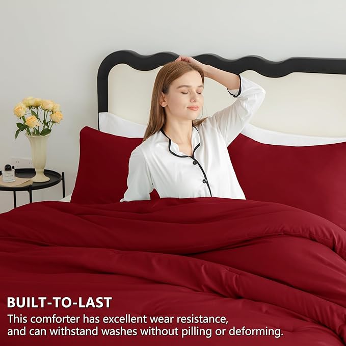 CozyLux Queen Comforter Set Dark Red, 3 Pieces Solid Comforters Queen Size Breathable Quilted Bedding Sets, Luxury Soft Lightweight Bed Set with Down Alternative Comforter and 2 Pillowcases All Season