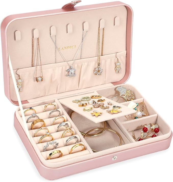 LANDICI Small Jewelry Box for Women Girls, PU Leather Travel Jewelry Case, Portable Jewelry Organizer Storage Holder Display for Ring Earrings Necklace Bracelet Women Kids Gift, Rose Gold by LANDICI