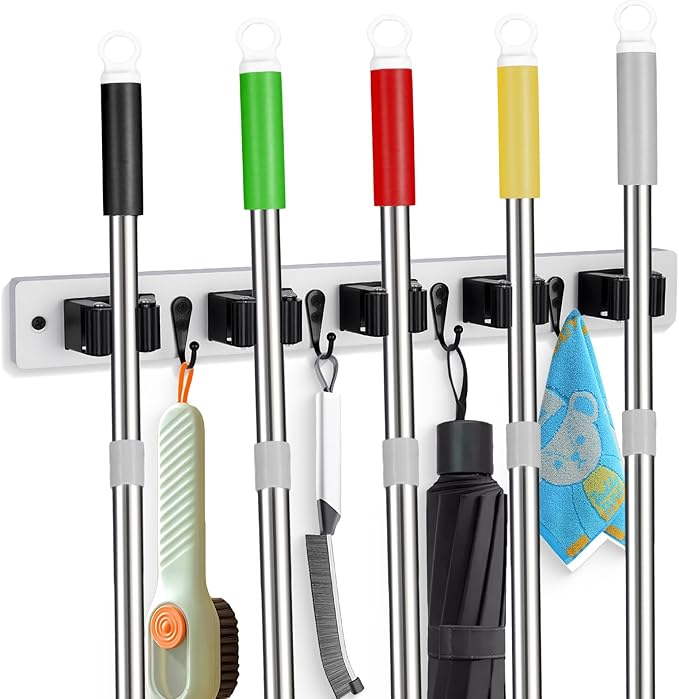 FunCee Broom Holder Wall Mount With 5 Slots & 4 Hooks，Rustic Wood Broom & Mop Hanger，Wall Mounted Garden & Garage Tool Storage Organizer Rack for Closet Laundry Room or Kitchen Wall Decor White - Image 8