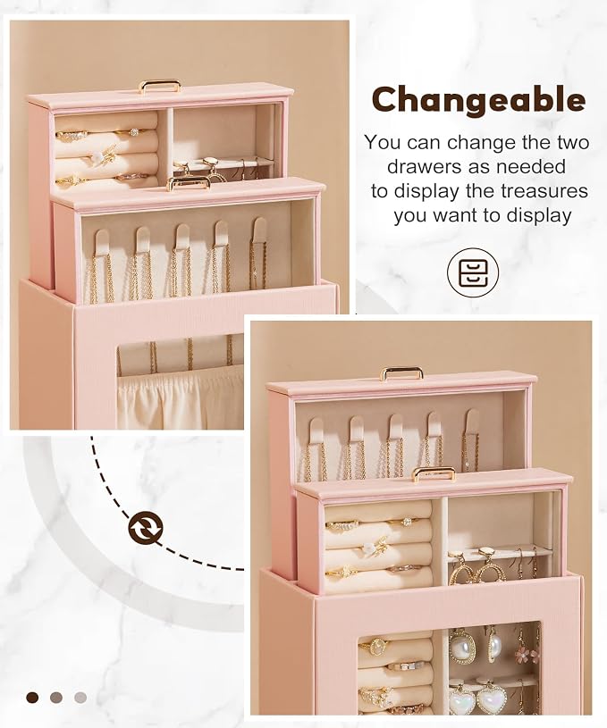 Homde Jewelry Organizer Girls Women Jewelry Box for Necklaces Rings Earrings Gift Bracelets Storage Case (Peach Pink + Gold) - Image 2