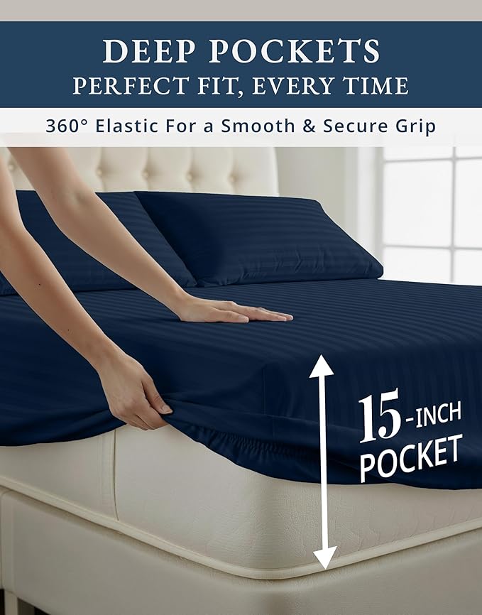 LANE LINEN 100% Egyptian Cotton Queen Sheet Set,15 inch Deep Pocket Fully Elasticized French Reinforced Pocket Seam for Soft, Comfy & Fresh Bed Eco Friendly Cooling Sheets Queen Damask Stripe - Navy