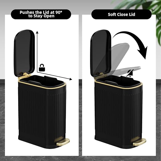 KSSKSS 2.6 Gallon Slim Bathroom Trash Can with Soft Close Lid, 10L Stainless Steel Garbage Can with Removable Liner Bucket, for Narrow Spaces, Bathroom, Bedroom (Matt Black) - Image 3