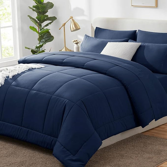 CozyLux Oversized Queen Comforter Sets Navy Blue, 7 Pieces Bed in a Bag, Ultra-Soft All Season Bedding Sets with Stitch Quilted Comforter, Flat Sheet, Fitted Sheet, Pillowcases