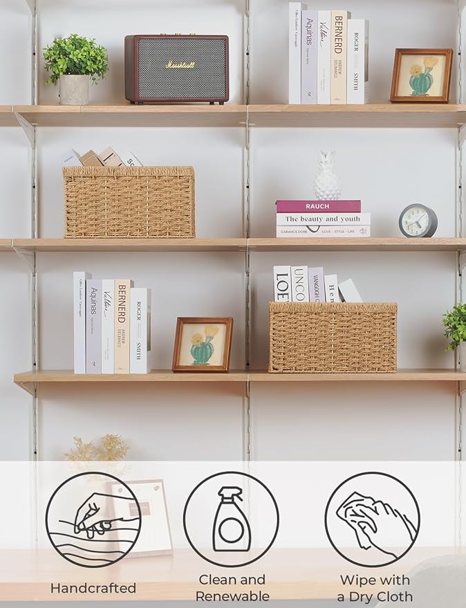 StorageWorks Round Paper Rope Storage Baskets, Rectangular Wicker Baskets with Built-in Handles, Medium, 13 ¼ x 8 ½ x 7 ¼ inches, 2-Pack - Image 4