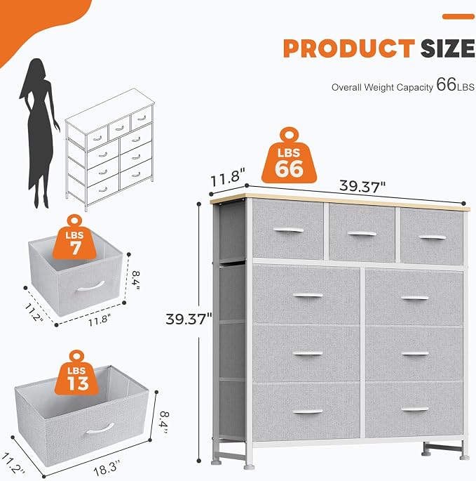 Sweetcrispy 9 Drawer Fabric Dresser Storage Tower with Wood Top and Steel Frame, Organizer Chest with Easy Pull Handles for Bedroom, Closet, Hallway,Light Gray - Image 3