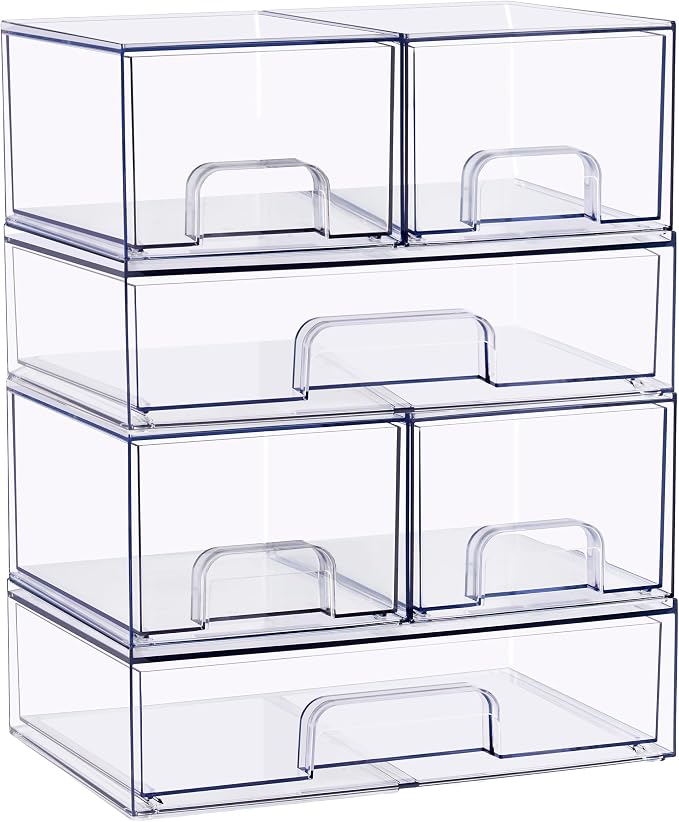 Sorbus Stackable Acrylic Storage Drawers – 4 Small + 2 Wide – 6 Pack Clear Plastic Organizer Bins for Baby Bottles, Makeup, Bathroom & Vanity, Pull-Out Drawer Design for Kitchen Cabinets - Image 7