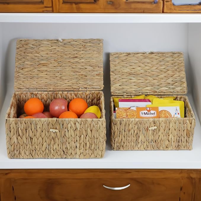 ORDELITE Set of 2 Wicker Basket with Lid, Rectangular Water Hyacinth Storage Baskets for Organizing, Decorative Woven Basket Bins Boxes for Organizing Home - Image 5