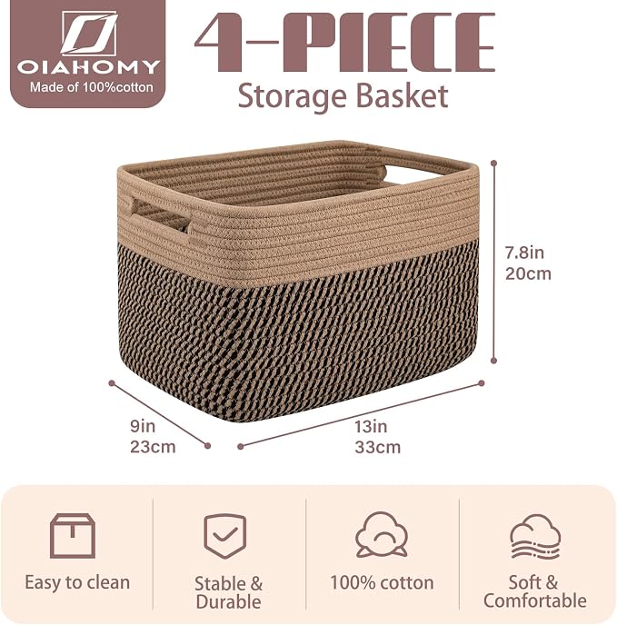 OIAHOMY 4 Pack Storage Baskets for Organizing, Basket for Shelves with Handle, Woven Baskets for Storage Toys, Towels, Books, Cotton Rope Basket 13" L x 9 " W x 7.8 " H, Brown & Black - Image 2