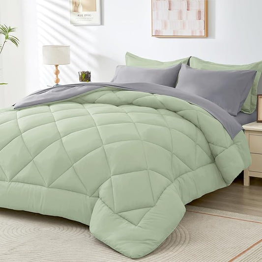 HEVUMYI King Comforter Set - 7-Piece All Season Bed in a Bag King, Ultra Soft Bedding Set with Comforter, Flat Sheet, Fitted Sheet, Pillowcases, Pillow Shams, Sage Green & Light Grey