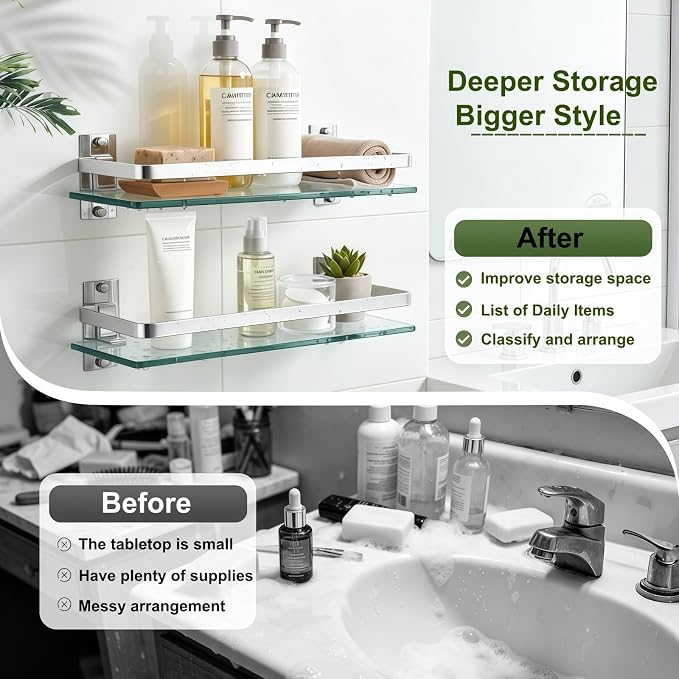 AIJALY 2 Pack Bathroom Glass Shelf,15.7 Inches Silver Bathroom Shower Glass Shelf Wall-Mounted, Metal Storage Floating Kitchen Shelf - Image 3
