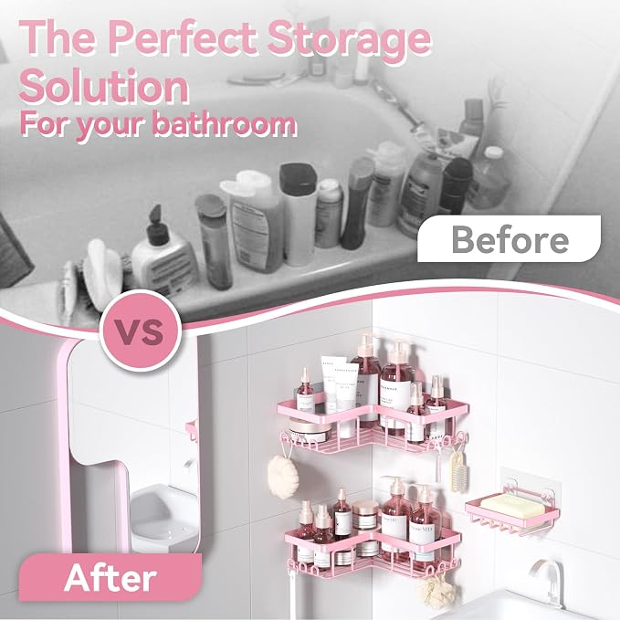 YASONIC Corner Adhesive Shower Caddy, with Soap Holder and 12 Hooks, Rustproof Stainless Steel Bathroom Organizer, No Drilling Wall Mounted Rack, Pink, 3-Pack - Image 8